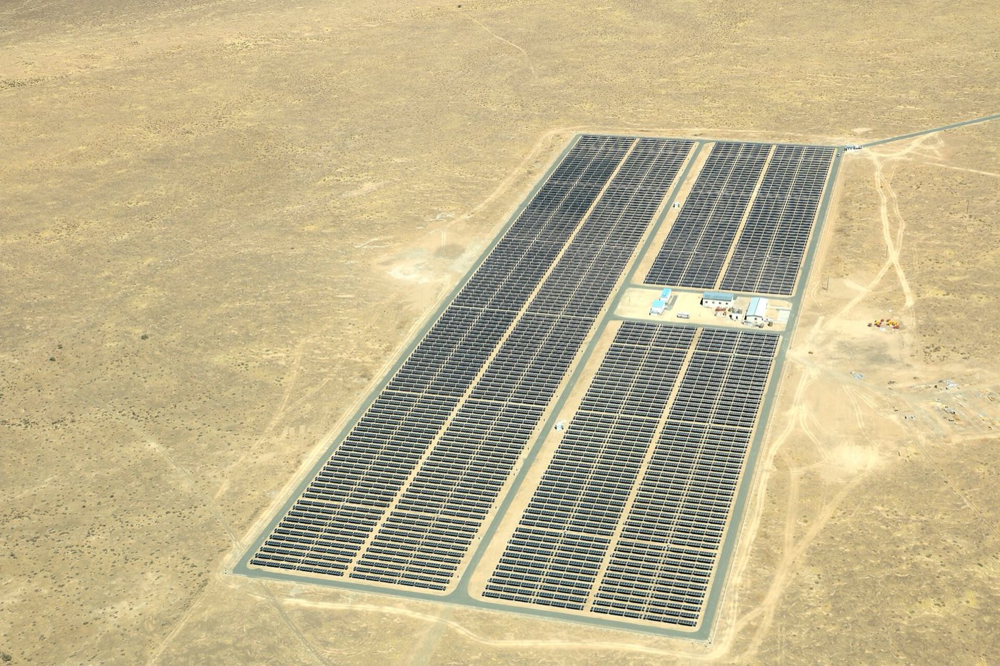 Aerial view of a utility-scale solar power plant at Keetmanshoop, Namibia